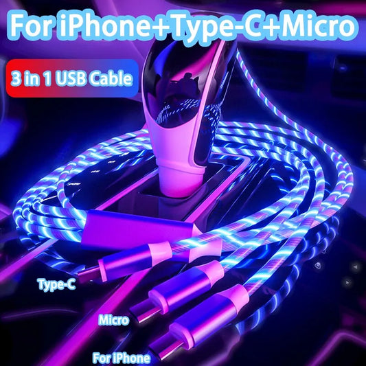 3 in 1 Glowing LED Light 3A Fast Charging Micro USB Type C Cable For iPhone Samsung Xiaomi Redmi Phone Charger USB Cable