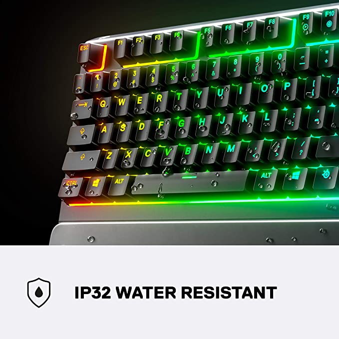 SteelSeries Apex 3 RGB Gaming Keyboard – 10-Zone RGB Illumination – IP32 Water Resistant – Premium Magnetic Wrist Rest (Whisper Quiet Gaming Switch)