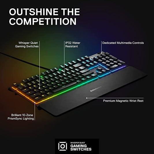 SteelSeries Apex 3 RGB Gaming Keyboard – 10-Zone RGB Illumination – IP32 Water Resistant – Premium Magnetic Wrist Rest (Whisper Quiet Gaming Switch)